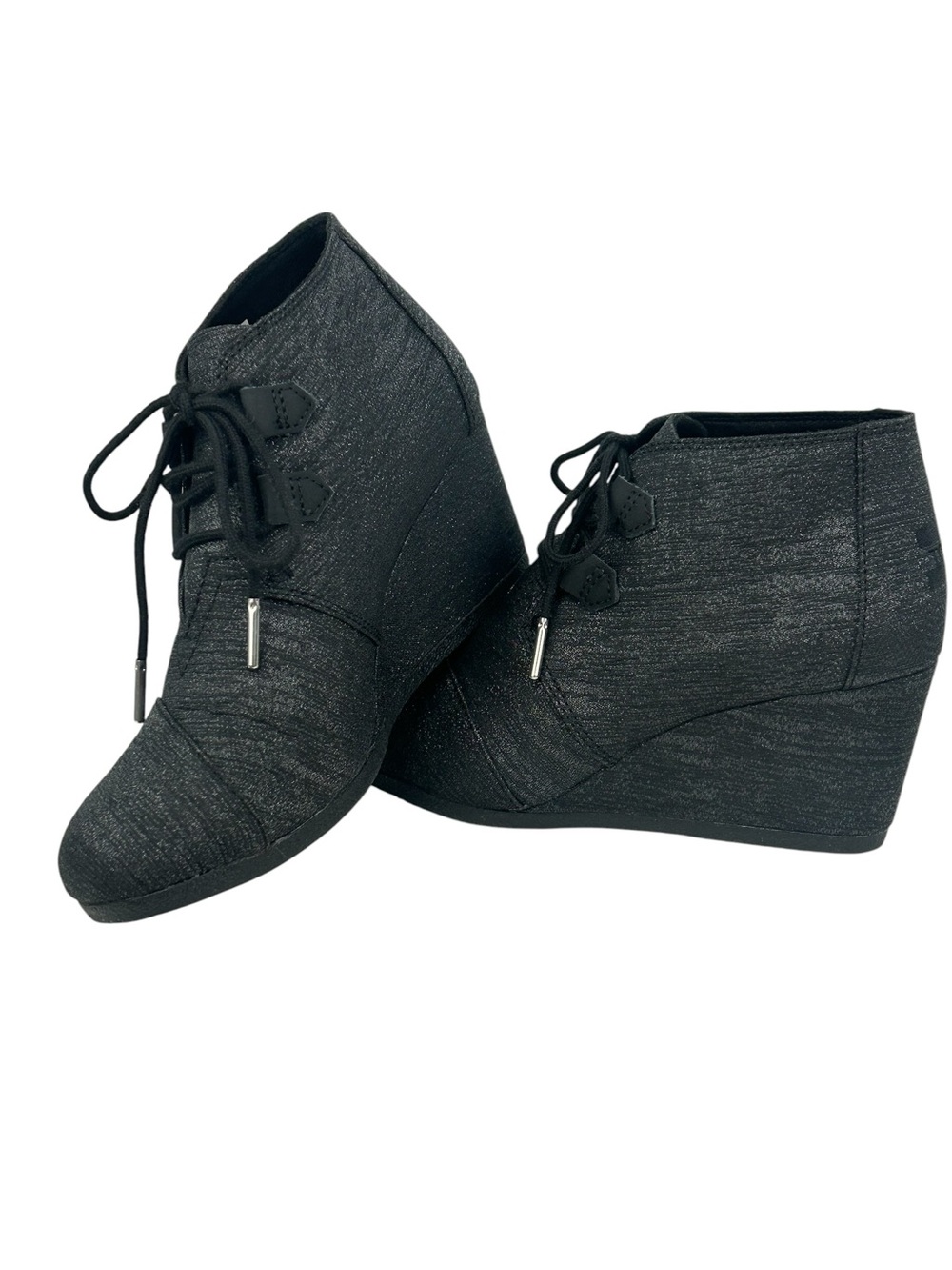TOMS Kala Metallic Wedge Booties Black Shimmer Lace Up Size 7.5